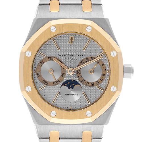 The Audemars Piguet Royal Oak 25594SA Men's Steel and Gold (two tone) Silver Dial 25594SA Men's Steel and Gold (two tone) Silver Dial watch is shown from the front, highlighting the dial, bezel, and bracelet.