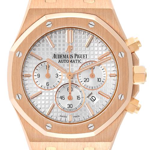 The image shows a close-up of the dial and bezel of an Audemars Piguet Royal Oak 26320OR.OO.D088CR.01 Men's Rose Gold Silver Dial 26320OR.OO.D088CR.01 Men's Rose Gold Silver Dial watch.