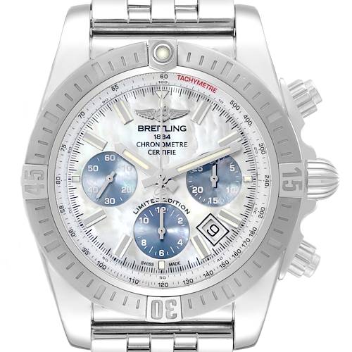 This Breitling Chronomat AB0115 Men's Stainless Steel Mother of Pearl Dial AB0115 Men's Stainless Steel Mother of Pearl Dial watch is shown from the front, displaying its face, bezel, pushers, and part of the bracelet.