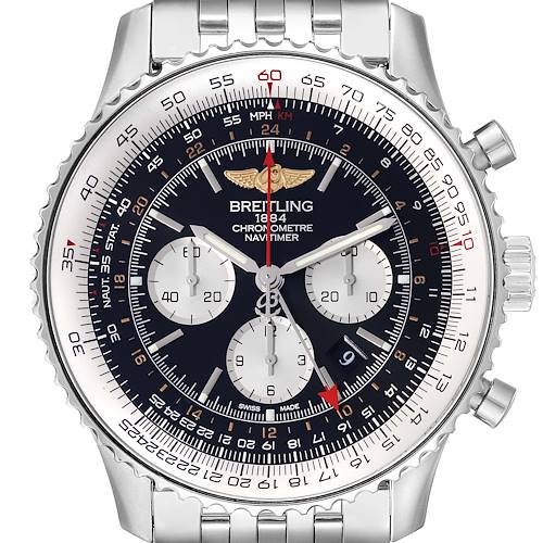 The image shows a front view of a Breitling Navitimer AB044121/BD24 Men's Stainless Steel Black Dial AB044121/BD24 Men's Stainless Steel Black Dial watch, displaying the dial, chronograph subdials, and part of the bracelet.