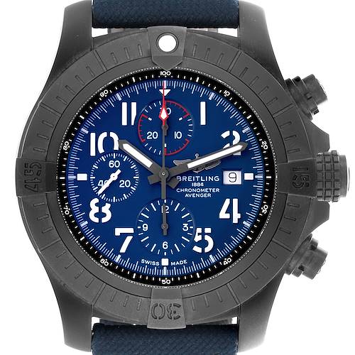 The Breitling Avenger V13375101C1X1 Men's Titanium Blue Dial V13375101C1X1 Men's Titanium Blue Dial watch is shown from the front, displaying its dial, bezel, pushers, and strap attachment.