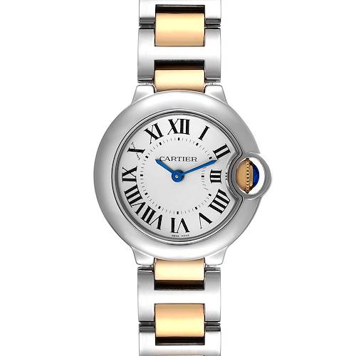 This image shows a Ballon Bleu de Cartier watch from a front view, highlighting its dial, Roman numerals, and two-tone bracelet.