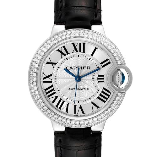 A Cartier Ballon Bleu WE902067 Women's White Gold Silver Dial WE902067 Women's White Gold Silver Dial watch is shown from a front angle, displaying its face, strap, and bejeweled bezel.
