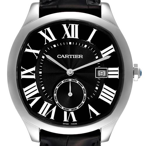 The image shows a front view of the Drive de Cartier watch by Cartier, featuring Roman numerals and a date window.