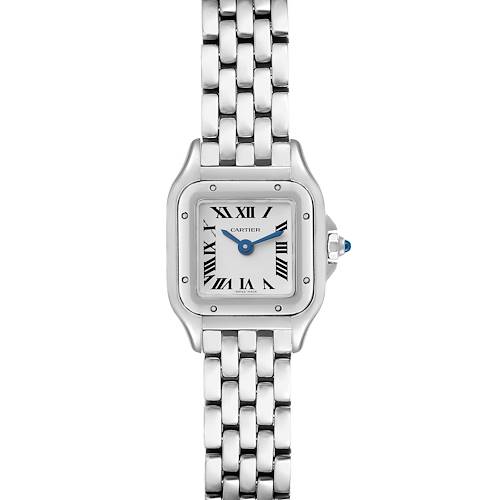 The image shows a front view of a Cartier Panthère watch, displaying its square face, Roman numeral markers, and linked bracelet.