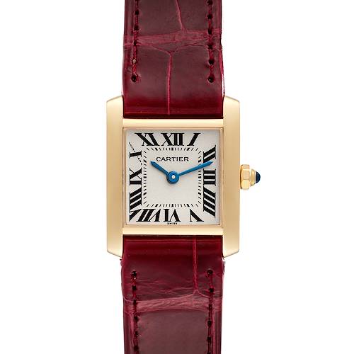 The image shows a front view of the Cartier Tank Francaise W5000256 Women's Yellow Gold Silver Dial W5000256 Women's Yellow Gold Silver Dial watch with its strap and face visible.