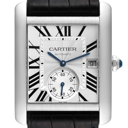 This image shows a front view of the Cartier Tank MC W5330003 Men's Stainless Steel Silver Dial W5330003 Men's Stainless Steel Silver Dial watch, highlighting the face, hands, date window, and some of the strap.