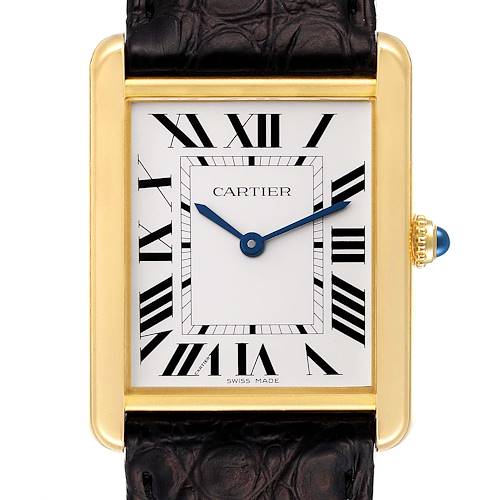 This image shows a front view of a Cartier Tank Solo W5200004 Men's Yellow Gold Silver Dial W5200004 Men's Yellow Gold Silver Dial watch, highlighting its face, Roman numerals, and crown.