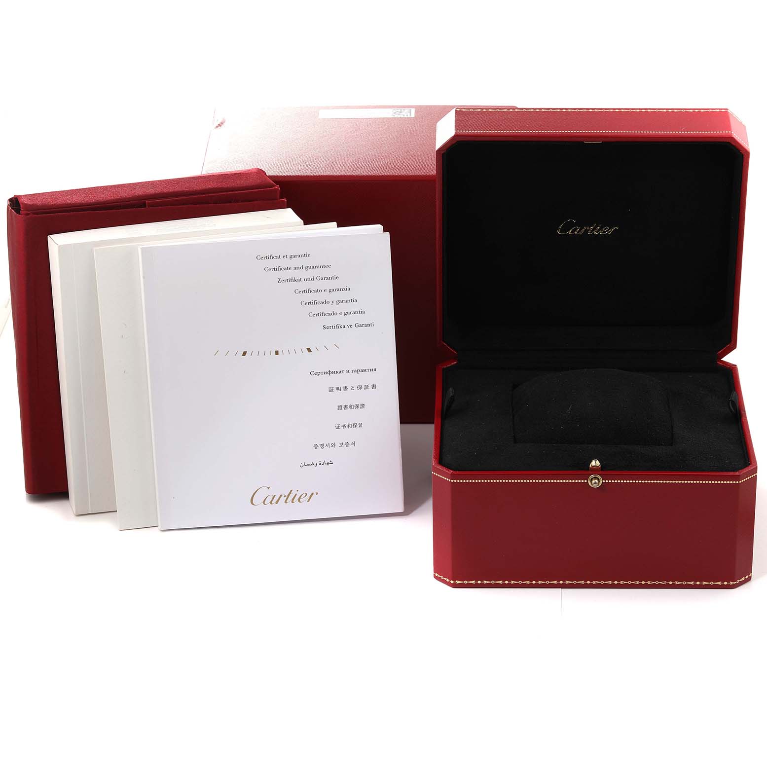 The image shows the packaging, including an empty display box and documents for a Cartier Tonneau WE400131 Women's White Gold Silver Dial WE400131 Women's White Gold Silver Dial model watch.