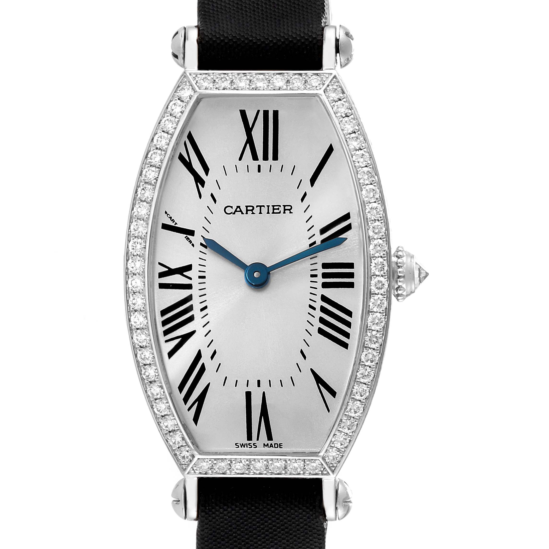 The image shows a front view of a Cartier Tonneau WE400131 Women's White Gold Silver Dial WE400131 Women's White Gold Silver Dial watch, highlighting its face, blue hands, Roman numerals, and diamond bezel.