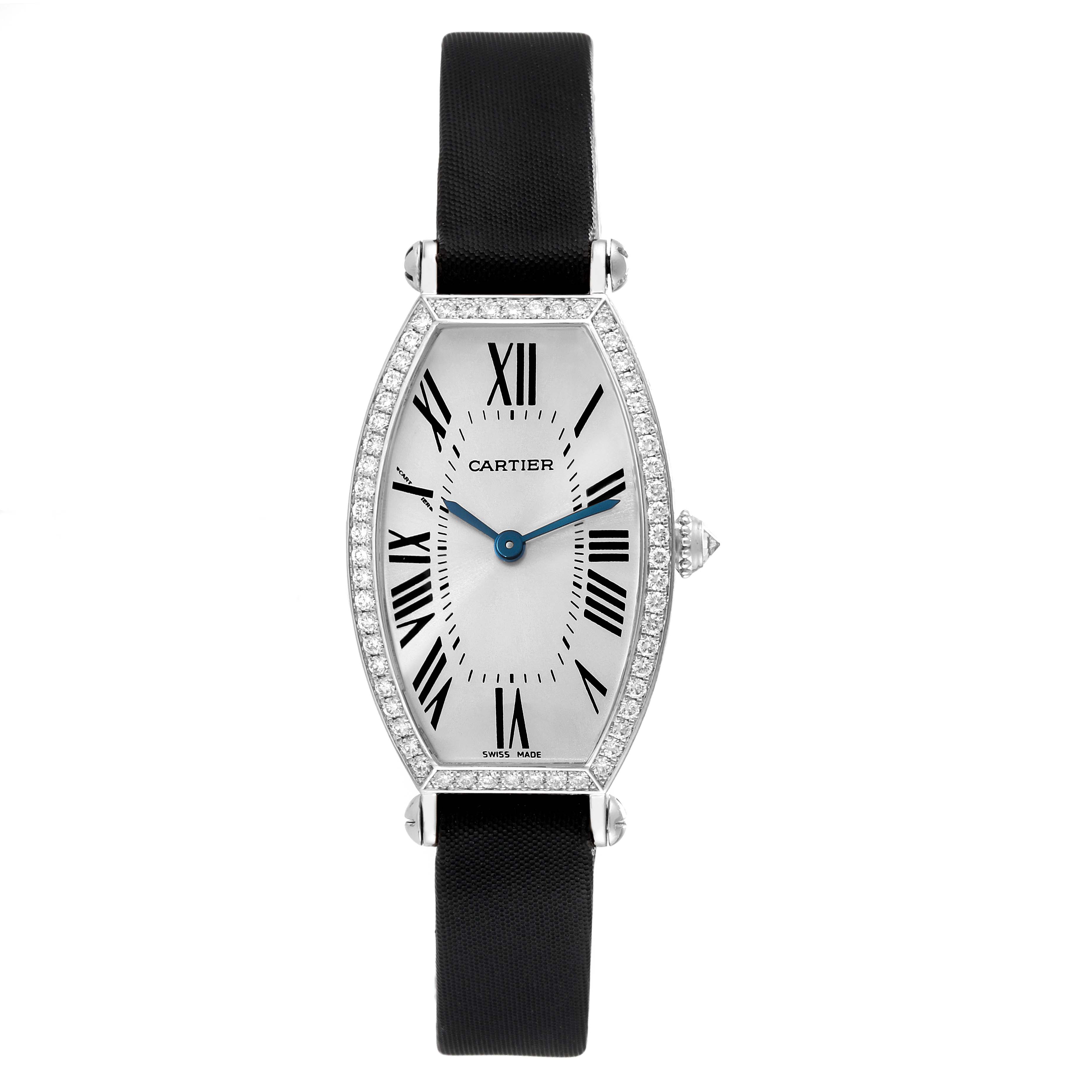 The image shows a Cartier Tonneau WE400131 Women's White Gold Silver Dial WE400131 Women's White Gold Silver Dial watch with a front view, displaying its face, bezel, and strap.