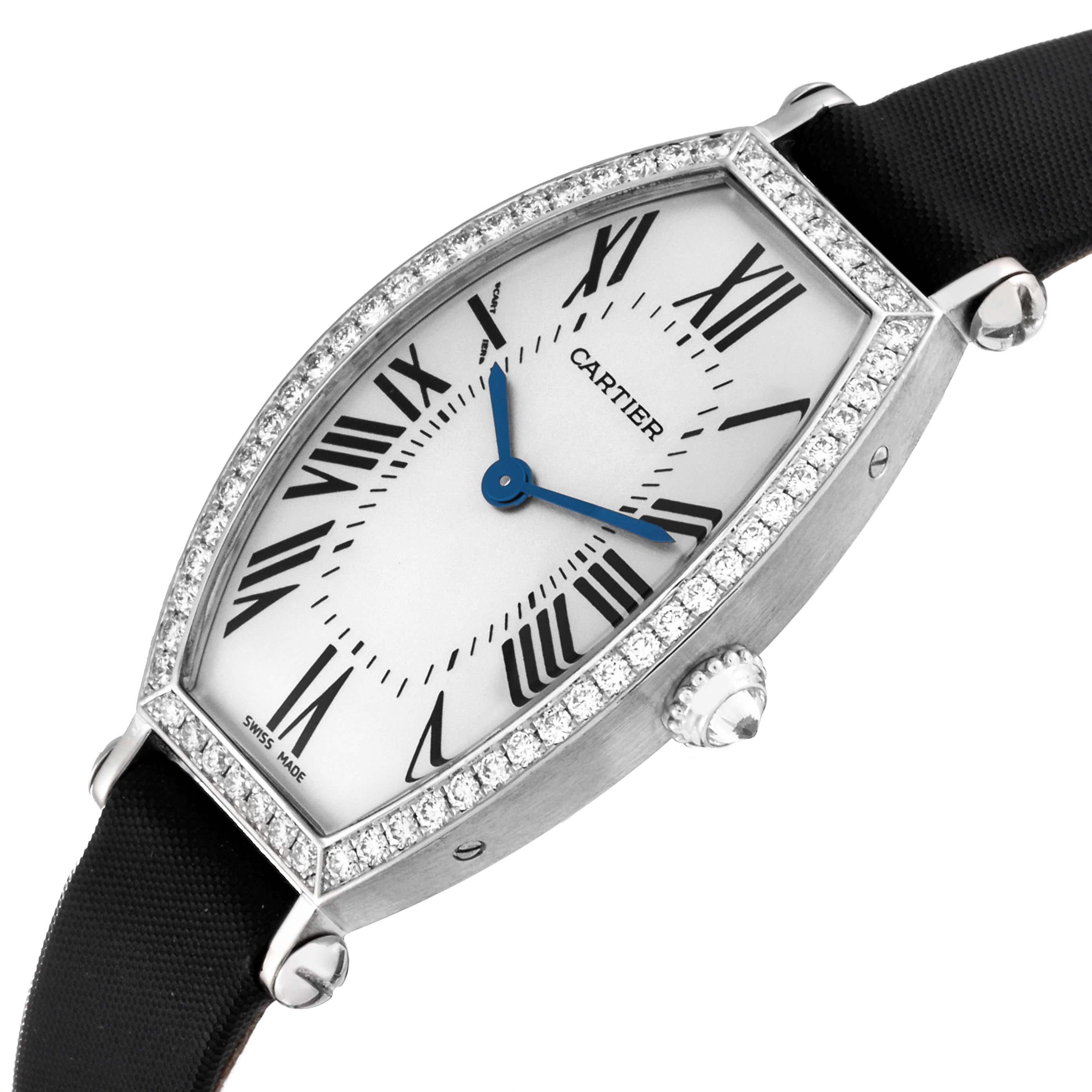 The image shows a Cartier Tonneau WE400131 Women's White Gold Silver Dial WE400131 Women's White Gold Silver Dial watch angled to display its face, bezel, crown, and part of the strap.