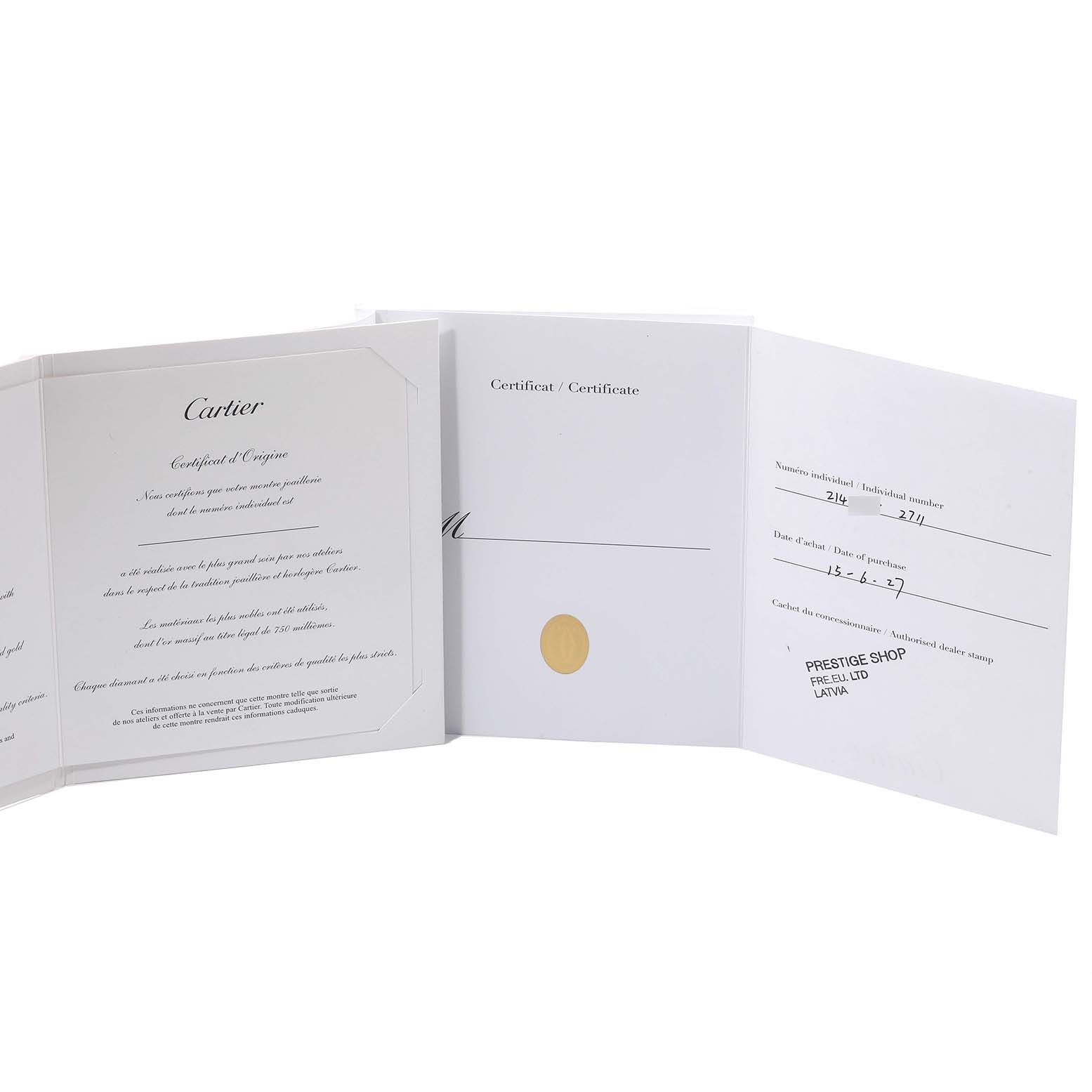 The image shows the open certificates and warranty documents for the Cartier Tonneau WE400131 Women's White Gold Silver Dial WE400131 Women's White Gold Silver Dial model watch.