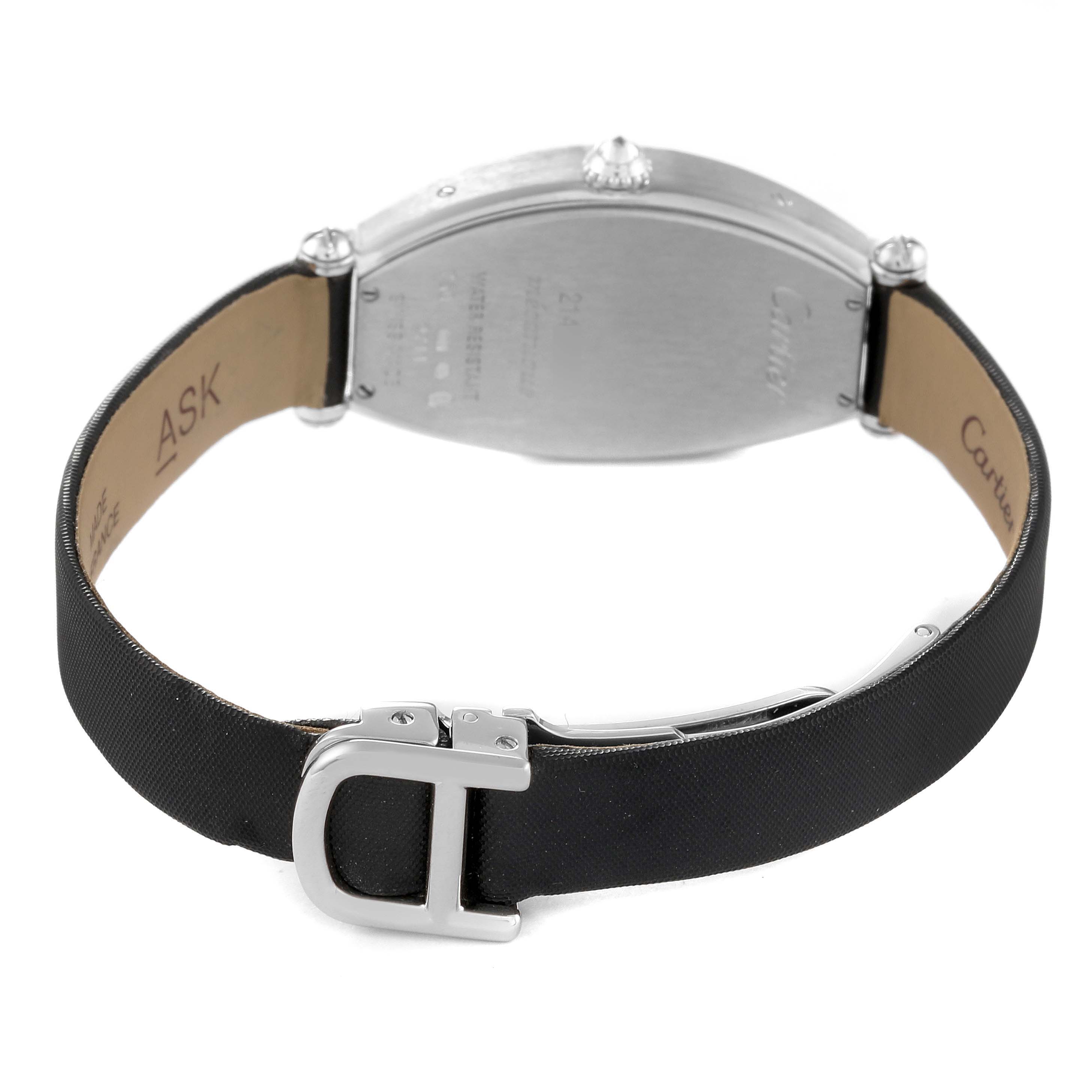 The image shows the back view of a Cartier Tonneau WE400131 Women's White Gold Silver Dial WE400131 Women's White Gold Silver Dial watch, featuring its case back, buckle, and strap.