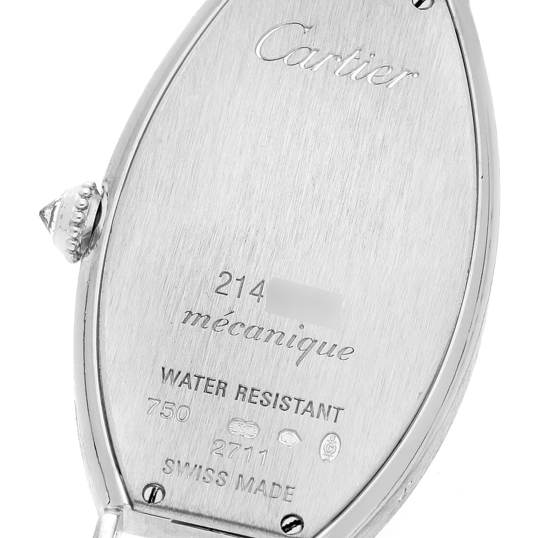 This image shows the back case of the Cartier Tonneau WE400131 Women's White Gold Silver Dial WE400131 Women's White Gold Silver Dial watch, highlighting the brand, model details, and water resistance rating.