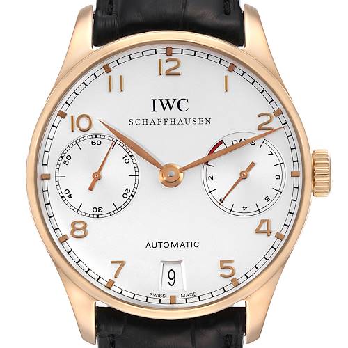 The image shows a front view of the IWC Portuguese IW500701 Men's Rose Gold Silver Dial IW500701 Men's Rose Gold Silver Dial model watch, highlighting the dial, hands, subdials, date window, and crown.