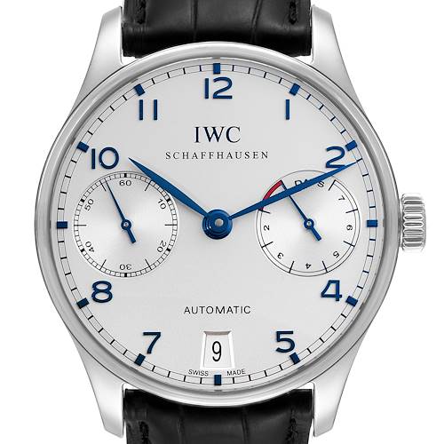 The image shows the front of an IWC Portuguese IW500107 Men's Stainless Steel Silver Dial IW500107 Men's Stainless Steel Silver Dial model watch, displaying the dial, hands, subdials, date window, and leather strap.