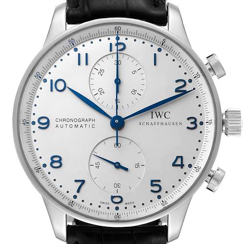 This is a close-up frontal view of the IWC Portuguese IW371446 Men's Stainless Steel Silver Dial IW371446 Men's Stainless Steel Silver Dial Chronograph Automatic watch, showing the dial, hands, and chronograph buttons.
