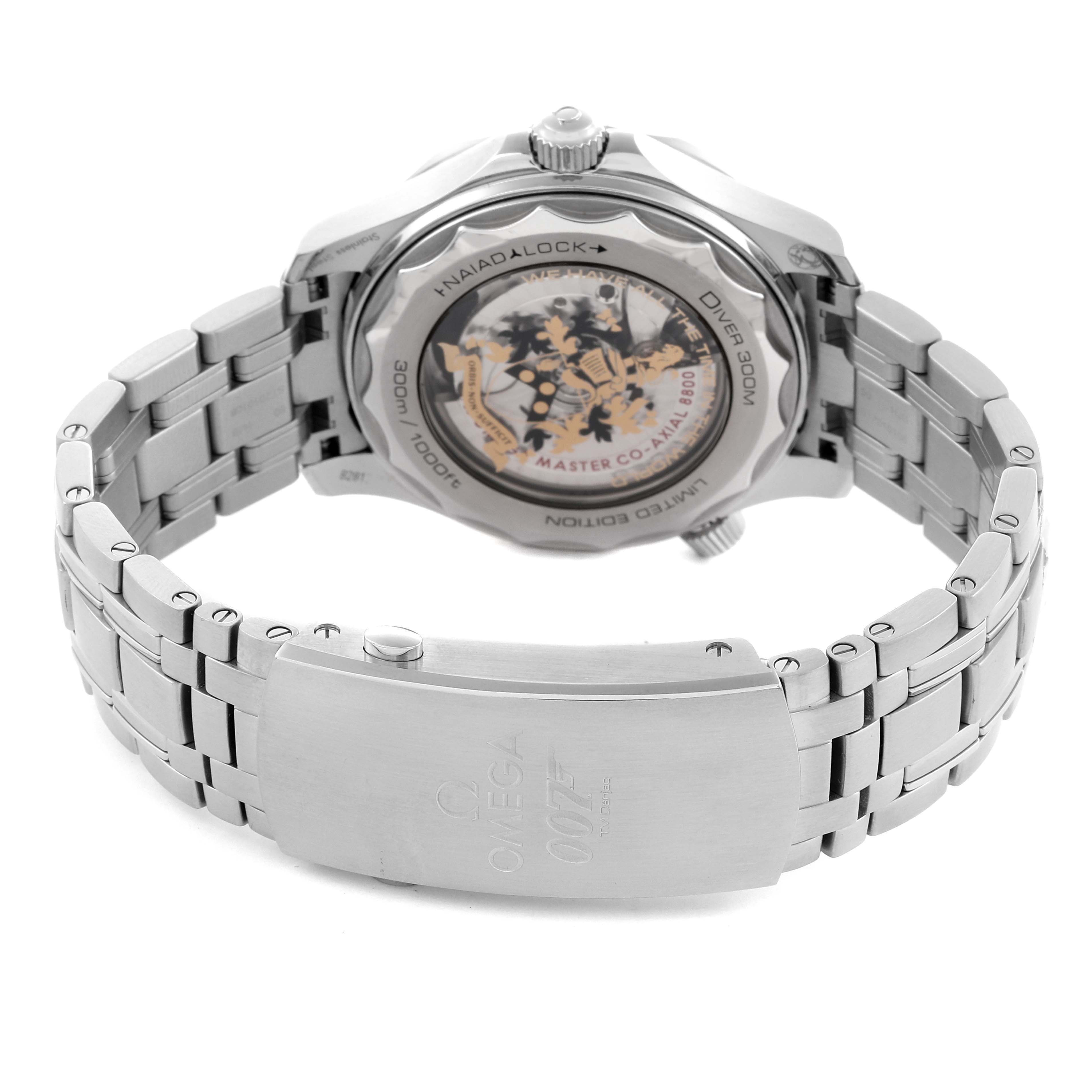 The image shows the back and bracelet of the Omega Seamaster 210.22.42.20.01.004 Men's Stainless Steel Black Dial 210.22.42.20.01.004 Men's Stainless Steel Black Dial, highlighting the clasp and transparent case back with movement details.