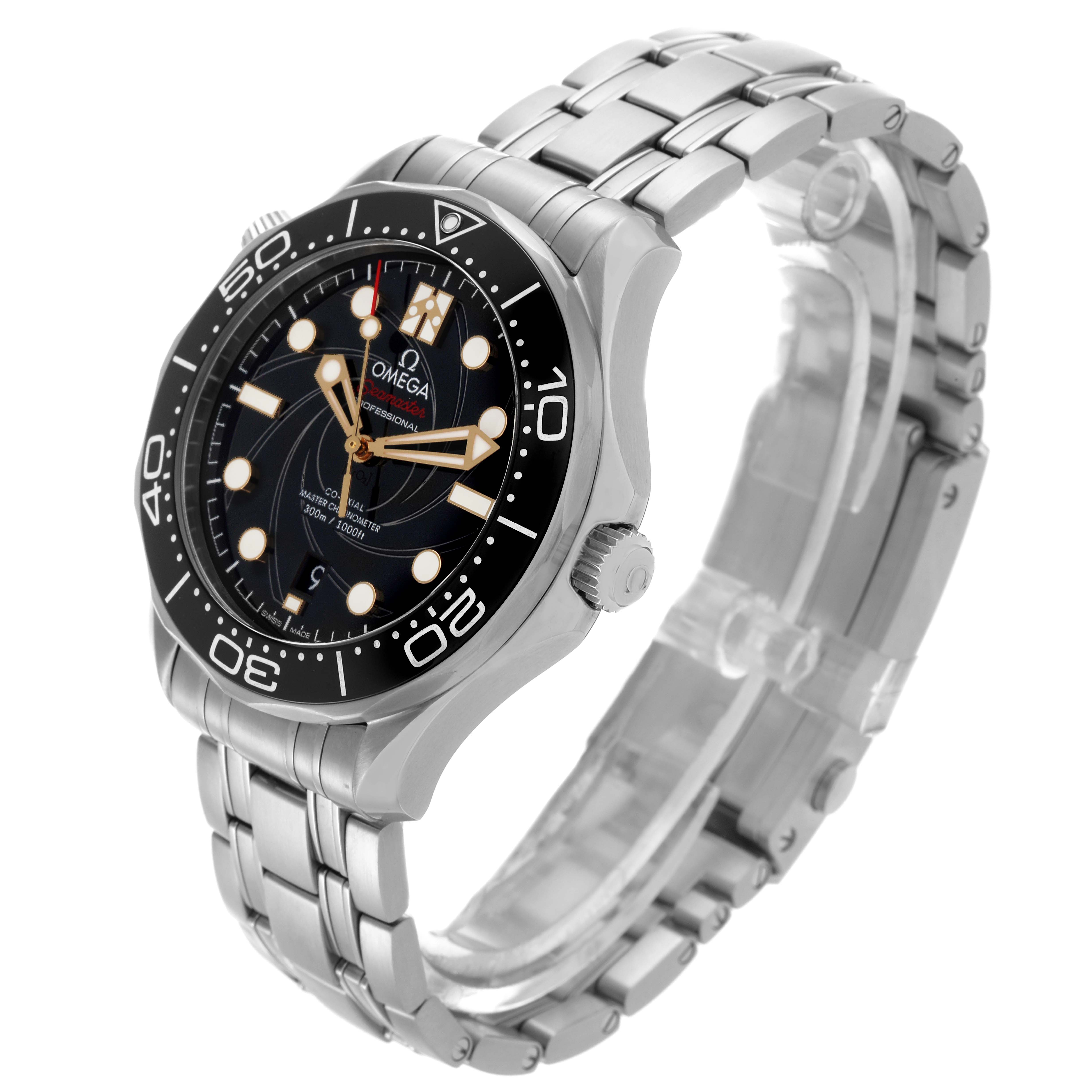 The Omega Seamaster 210.22.42.20.01.004 Men's Stainless Steel Black Dial 210.22.42.20.01.004 Men's Stainless Steel Black Dial watch is shown from a front angled view, highlighting the dial, bezel, and stainless steel bracelet.