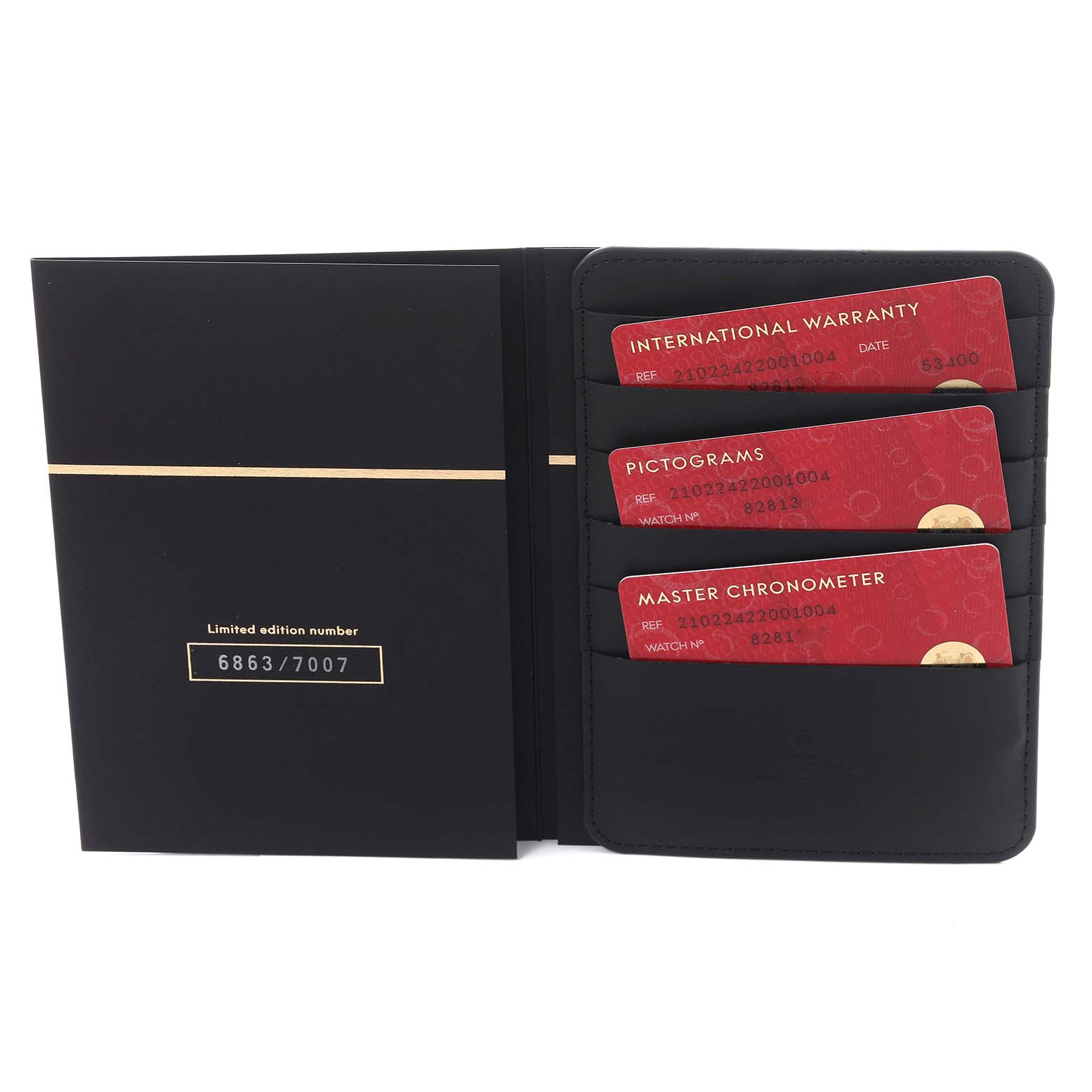 The image shows a limited edition card case for the Omega Seamaster 210.22.42.20.01.004 Men's Stainless Steel Black Dial 210.22.42.20.01.004 Men's Stainless Steel Black Dial, displaying warranty and certification cards.