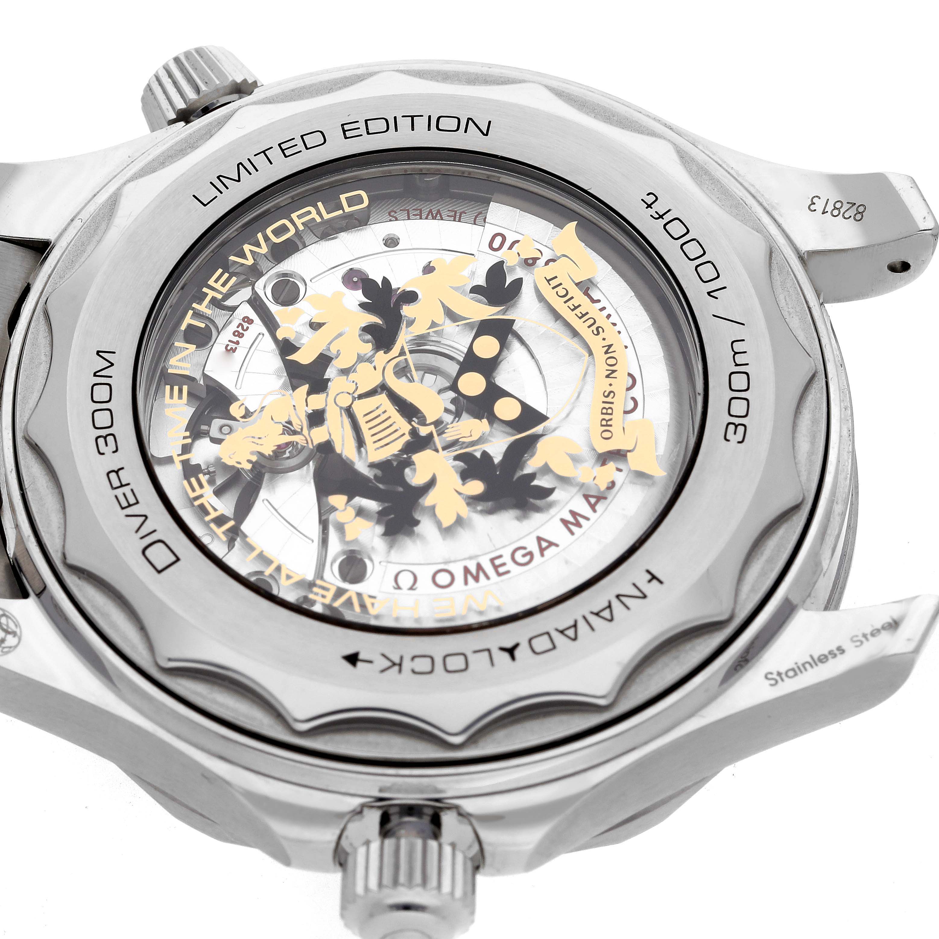 The image shows the back case of an Omega Seamaster 210.22.42.20.01.004 Men's Stainless Steel Black Dial 210.22.42.20.01.004 Men's Stainless Steel Black Dial watch from a slightly angled perspective, revealing the limited edition engravings and inner mechanism.