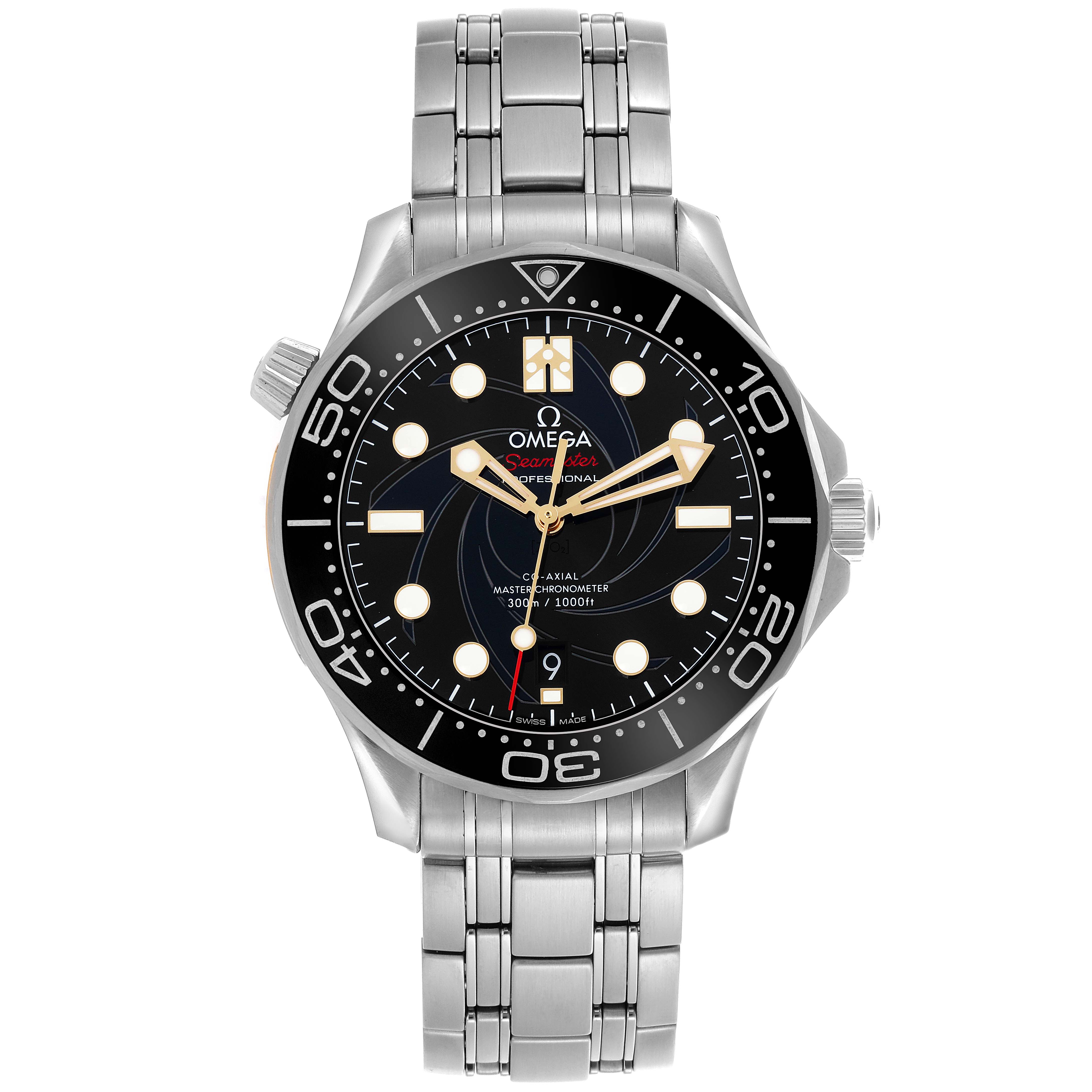 The Omega Seamaster 210.22.42.20.01.004 Men's Stainless Steel Black Dial 210.22.42.20.01.004 Men's Stainless Steel Black Dial watch is shown from a front angle, displaying the dial, bezel, and bracelet.