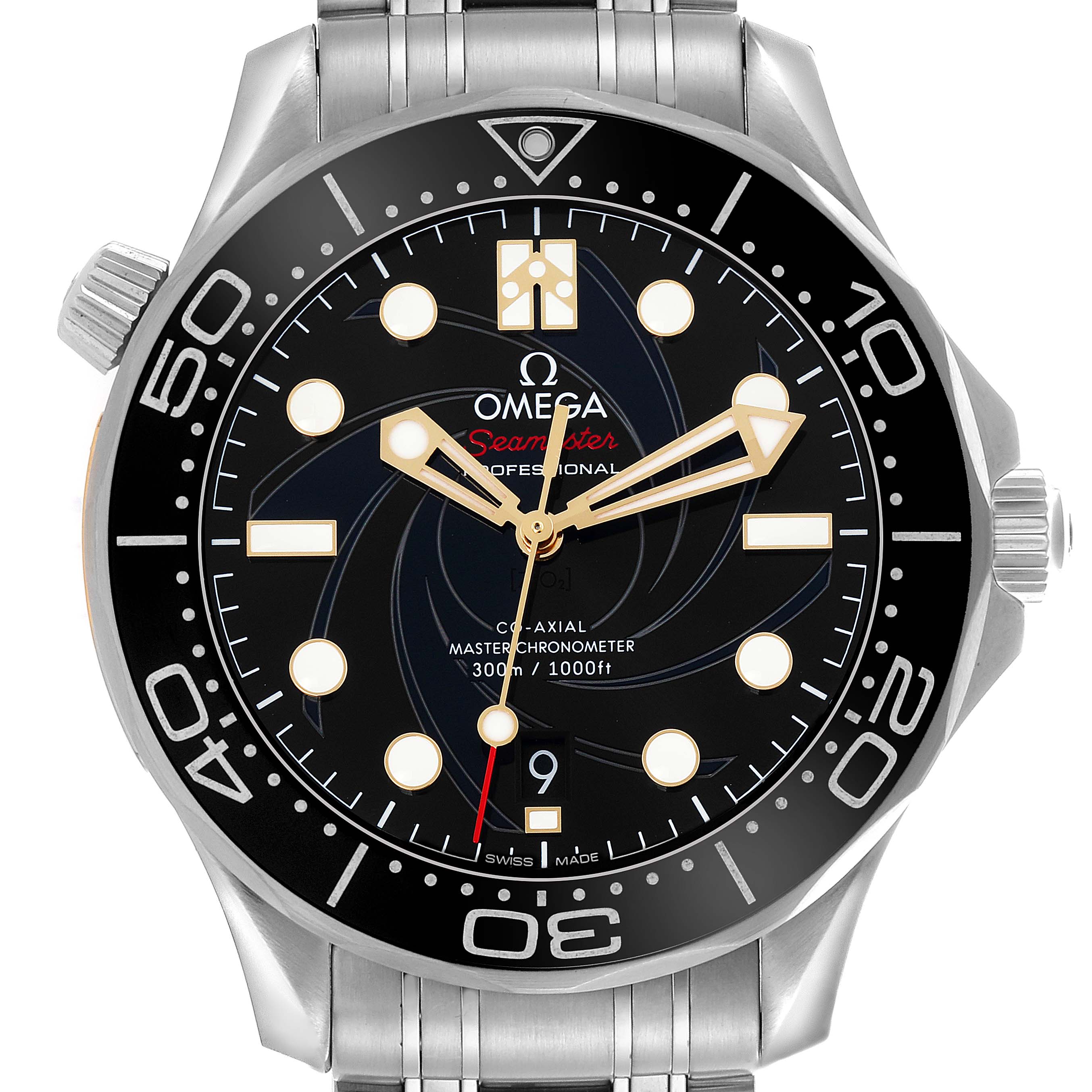 The Omega Seamaster 210.22.42.20.01.004 Men's Stainless Steel Black Dial 210.22.42.20.01.004 Men's Stainless Steel Black Dial watch is shown from a frontal angle, displaying the face, bezel, and part of the bracelet.