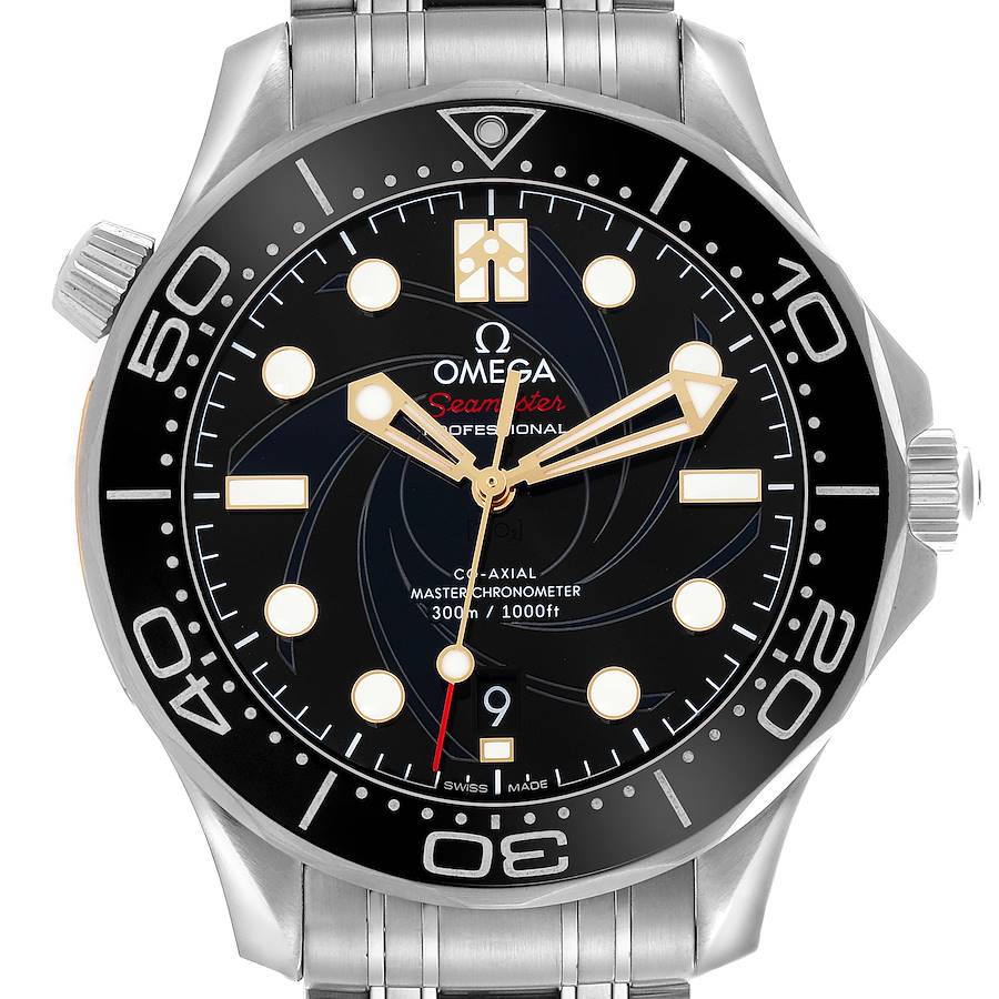 The Omega Seamaster 210.22.42.20.01.004 Men's Stainless Steel Black Dial 210.22.42.20.01.004 Men's Stainless Steel Black Dial watch is shown from a frontal angle, displaying the face, bezel, and part of the bracelet.