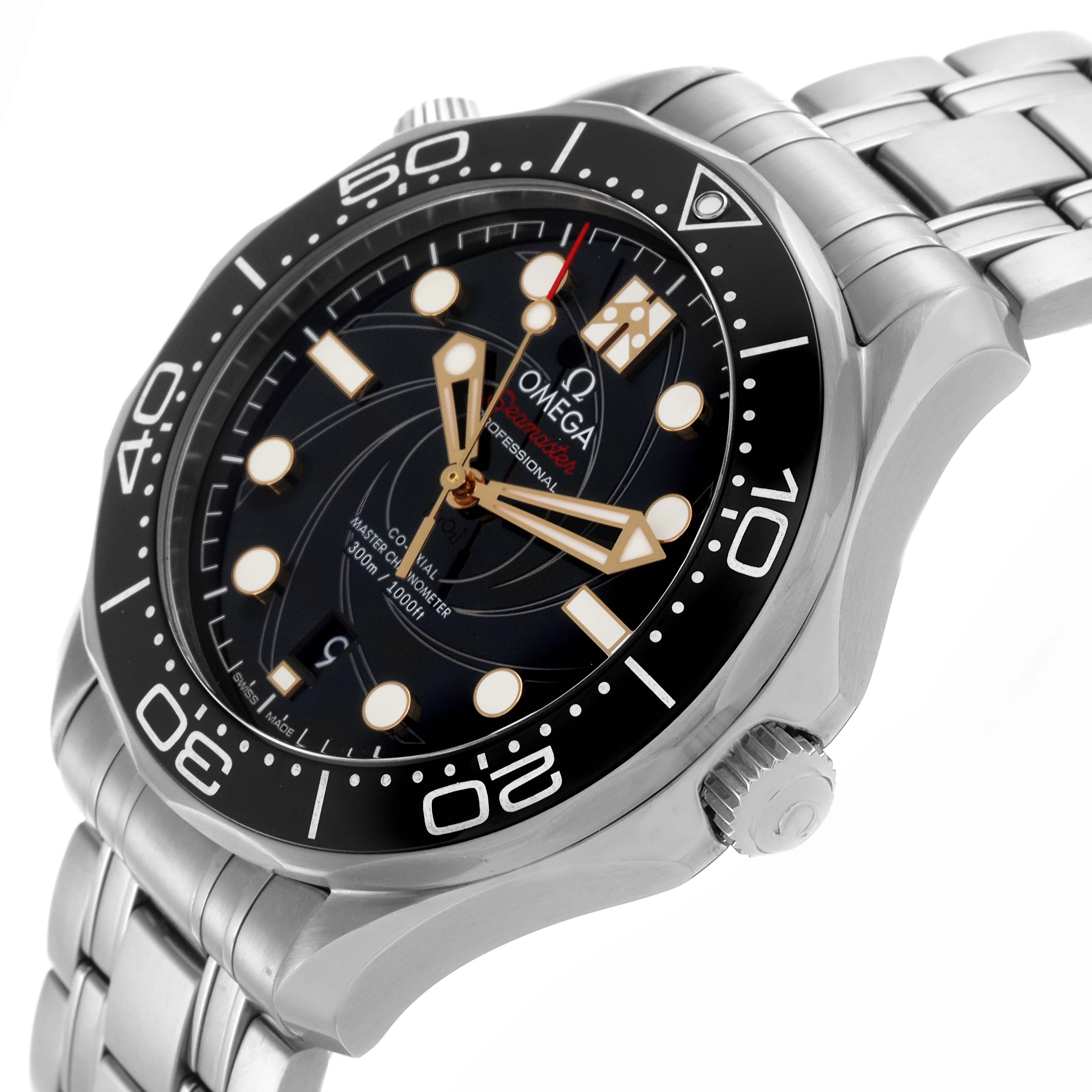 The Omega Seamaster 210.22.42.20.01.004 Men's Stainless Steel Black Dial 210.22.42.20.01.004 Men's Stainless Steel Black Dial watch is shown at an angled view highlighting the dial, bezel, crown, and bracelet.