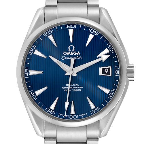 The Omega Aqua Terra 231.10.42.21.03.001 Men's Stainless Steel Blue Dial 231.10.42.21.03.001 Men's Stainless Steel Blue Dial watch is shown from the front, displaying its face, hands, date window, and part of the bracelet.