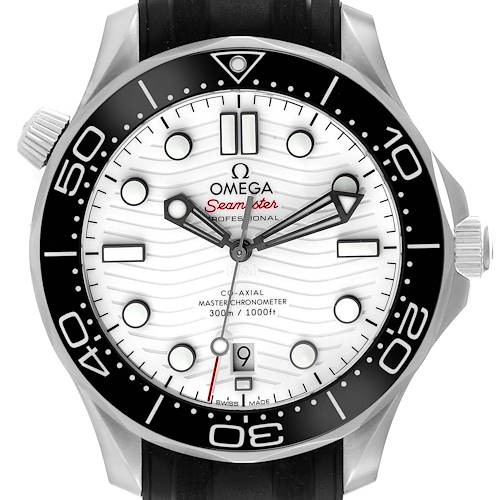 The image shows the front view of an Omega Seamaster 210.32.42.20.04.001 Men's Stainless Steel White Dial 210.32.42.20.04.001 Men's Stainless Steel White Dial watch, displaying the dial, bezel, hour markers, and hands.