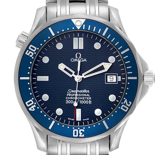 The Omega Seamaster 2531.80.00 Men's Stainless Steel Blue Dial 2531.80.00 Men's Stainless Steel Blue Dial watch is shown from a frontal angle, displaying the dial, bezel, crown, and metal bracelet.