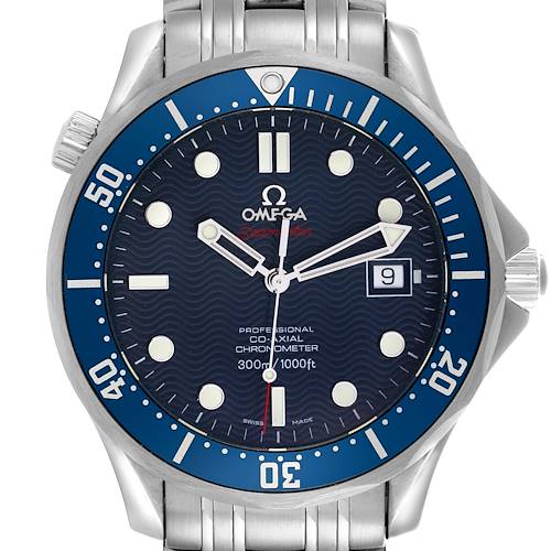The Omega Seamaster 2220.80.00 Men's Stainless Steel Blue Dial 2220.80.00 Men's Stainless Steel Blue Dial watch is shown from a front angle, highlighting the dial, bezel, crown, and part of the bracelet.