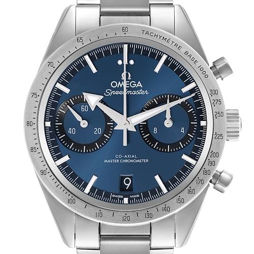 The Omega Speedmaster 332.10.41.51.03.001 Men's Stainless Steel Blue Dial 332.10.41.51.03.001 Men's Stainless Steel Blue Dial watch is shown from a front angle, displaying the dial, bezel, hands, subdials, and bracelet.
