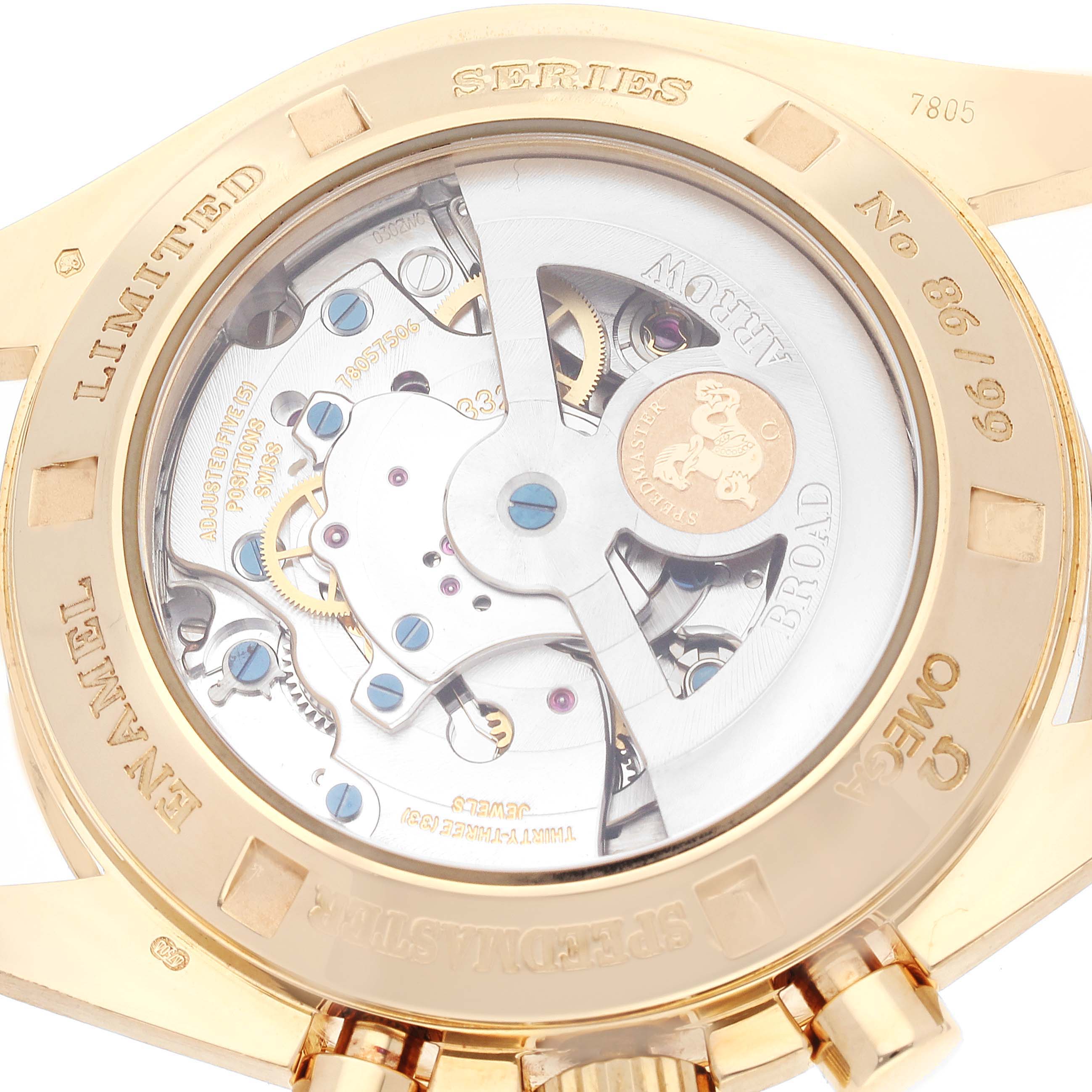 This image shows the back case and movement of the Omega Speedmaster 3656.20.31 Men's Yellow Gold White Dial 3656.20.31 Men's Yellow Gold White Dial watch at a close-up angle.