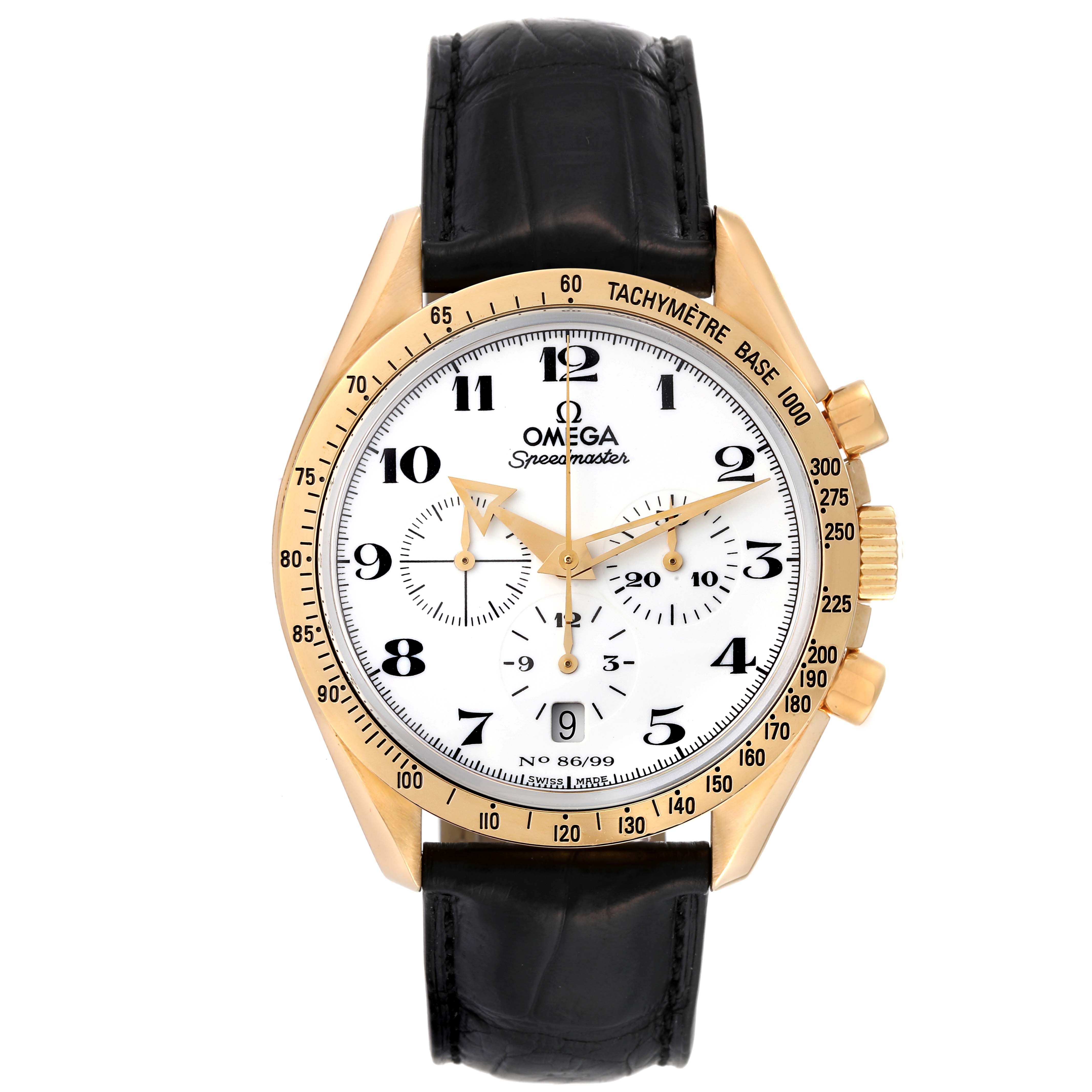 The image shows a frontal view of an Omega Speedmaster 3656.20.31 Men's Yellow Gold White Dial 3656.20.31 Men's Yellow Gold White Dial watch with a black leather strap and a gold case.