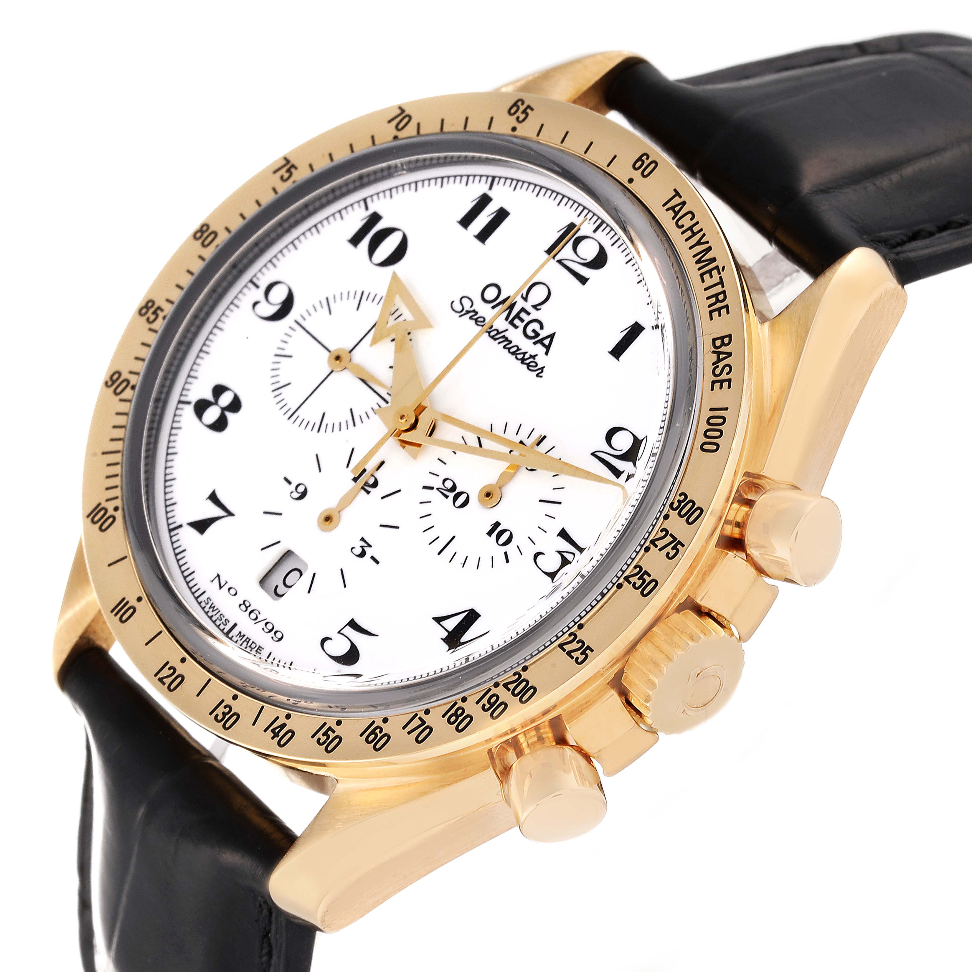 The Omega Speedmaster 3656.20.31 Men's Yellow Gold White Dial 3656.20.31 Men's Yellow Gold White Dial watch is shown at a 3/4 angle highlighting the dial, bezel, crown, and chronograph pushers.