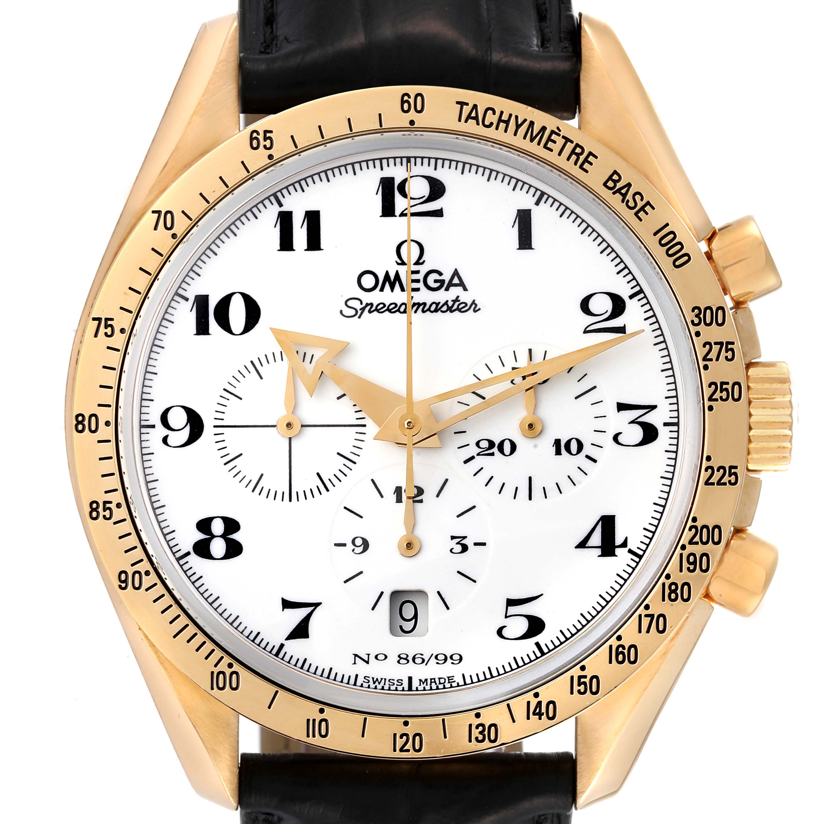 The image shows a frontal view of an Omega Speedmaster 3656.20.31 Men's Yellow Gold White Dial 3656.20.31 Men's Yellow Gold White Dial watch, highlighting its dial, bezel, and chronograph buttons.