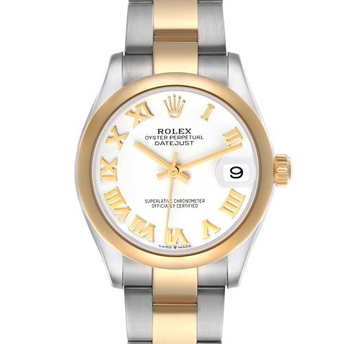 The Rolex Mid-Size 278243 Women's Steel and Gold (two tone) White Dial 278243 Women's Steel and Gold (two tone) White Dial Datejust watch is shown from the front, displaying its dial, two-tone bracelet, gold bezel, and date feature.