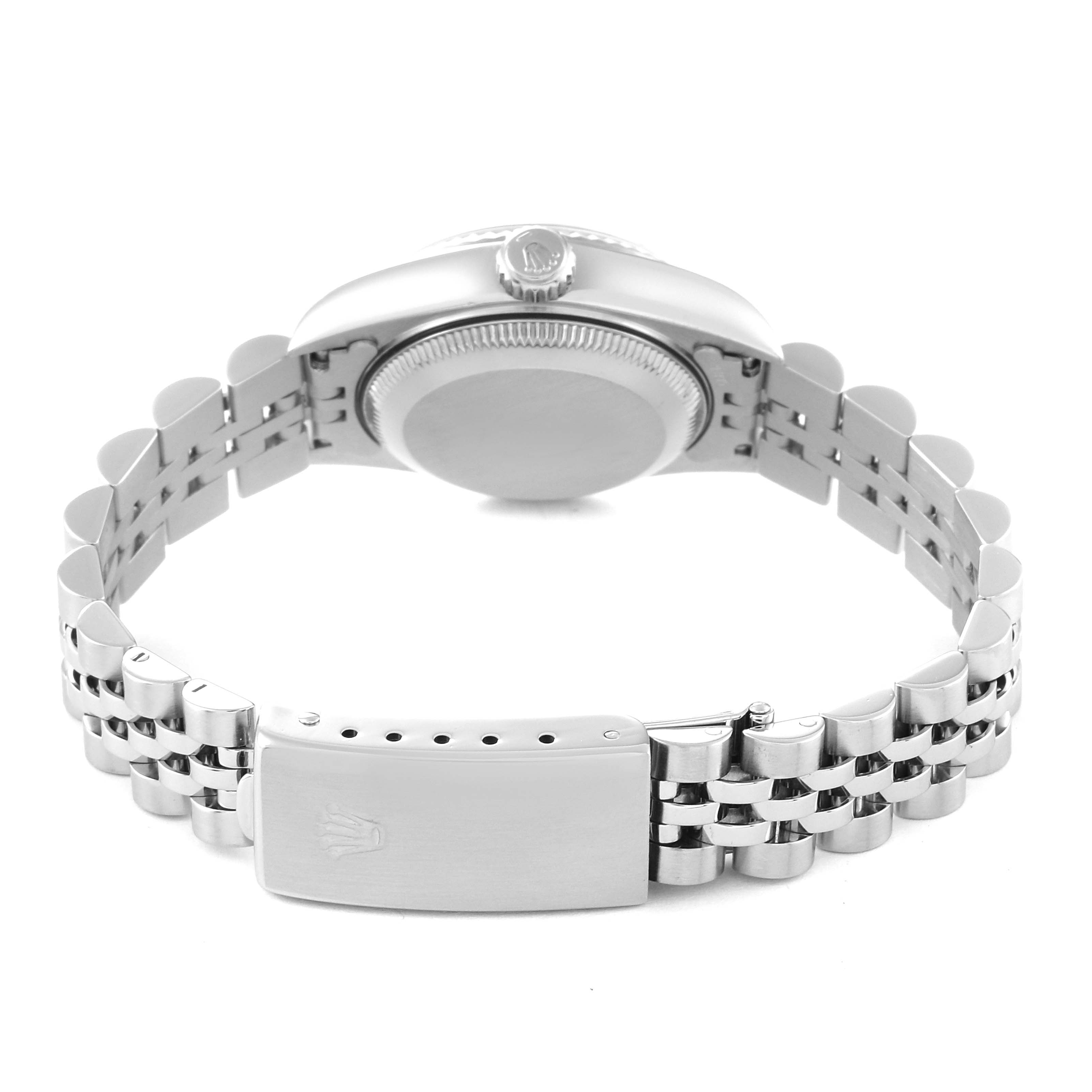 This image shows the back case and jubilee bracelet of a Rolex Datejust 79174G Women's Stainless Steel Blue Dial 79174G Women's Stainless Steel Blue Dial watch from a rear angle.