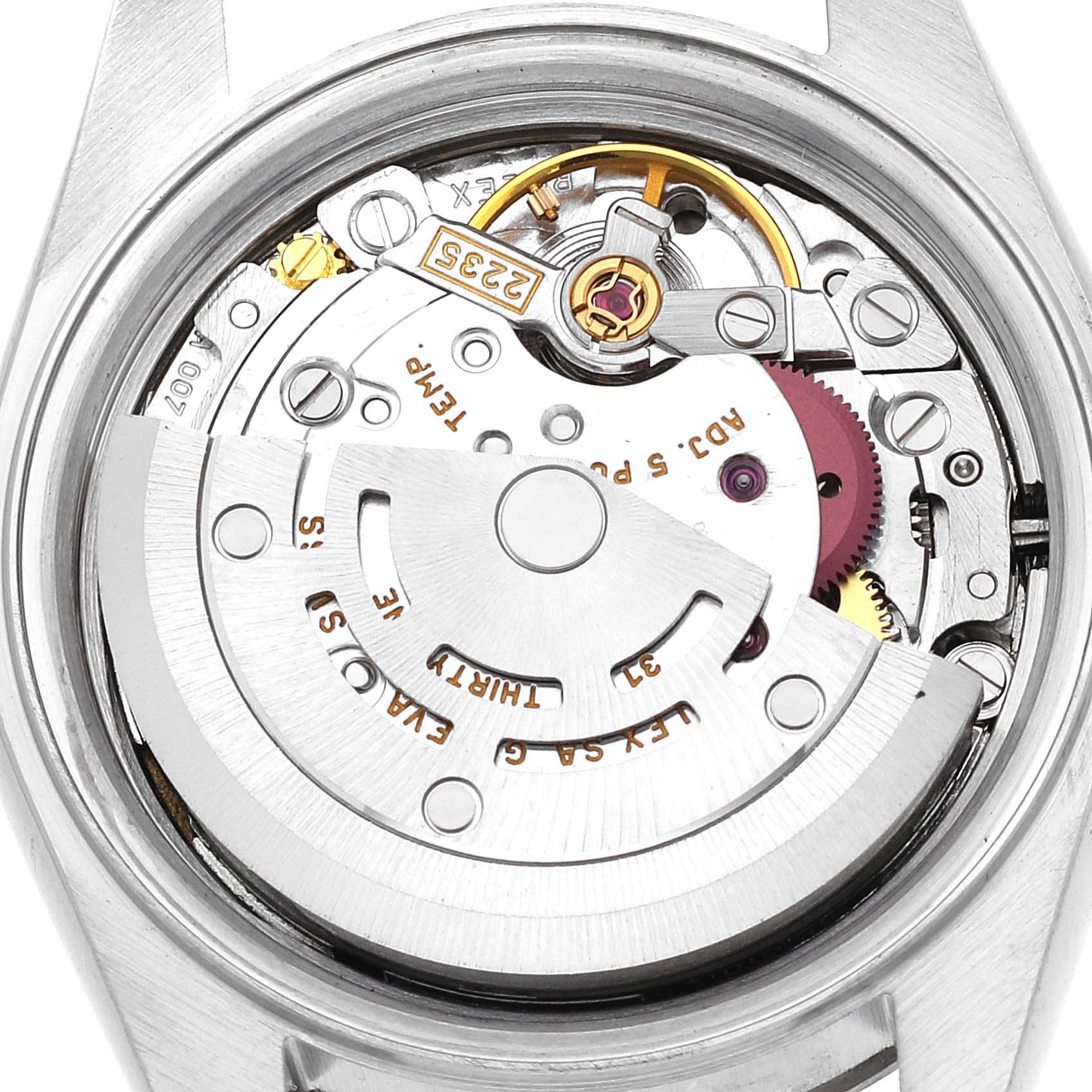 The image shows the internal mechanism and movement of a Rolex Datejust 79174G Women's Stainless Steel Blue Dial 79174G Women's Stainless Steel Blue Dial watch viewed from the back.