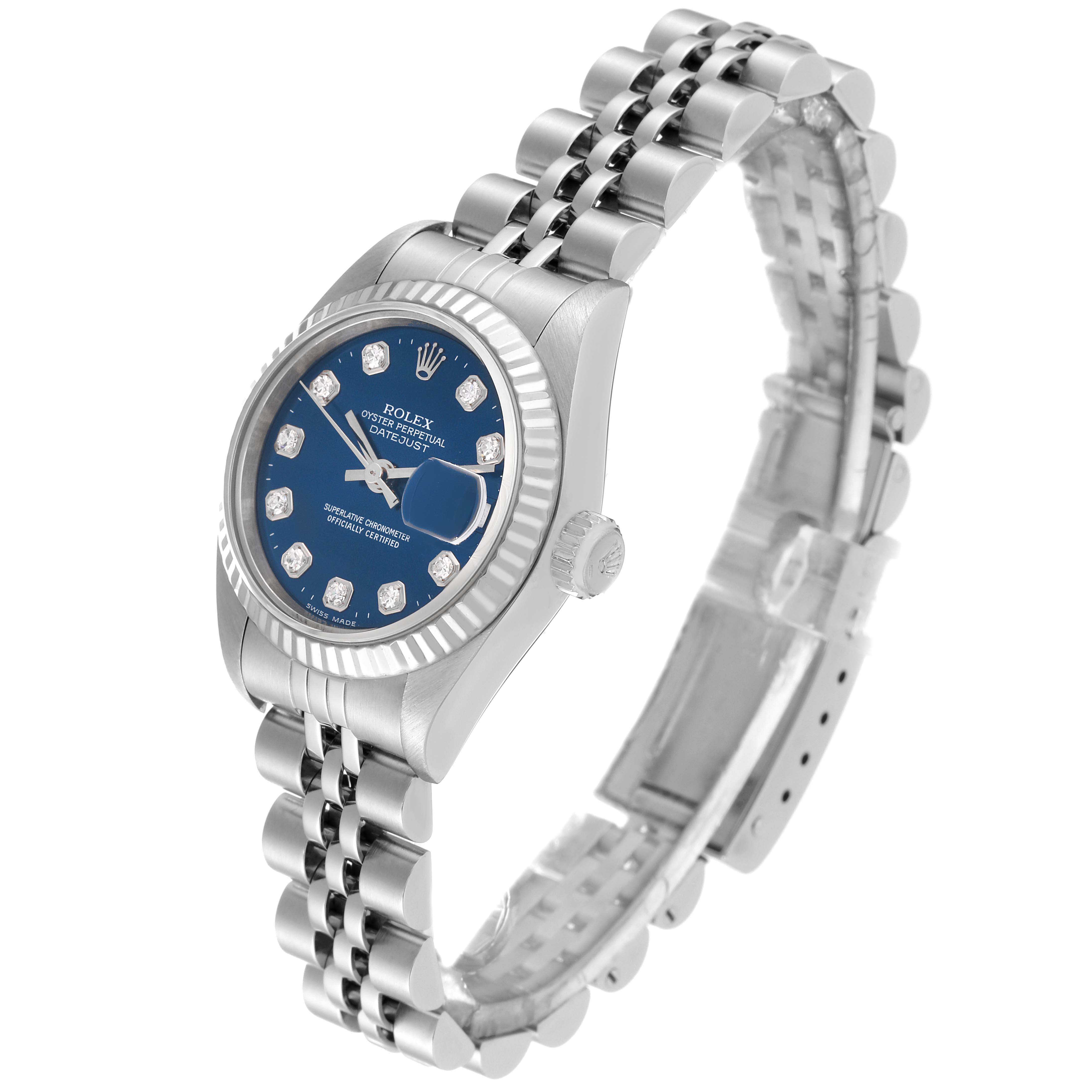 The Rolex Datejust 79174G Women's Stainless Steel Blue Dial 79174G Women's Stainless Steel Blue Dial watch is shown at an angled view displaying its face, bezel, crown, and bracelet.