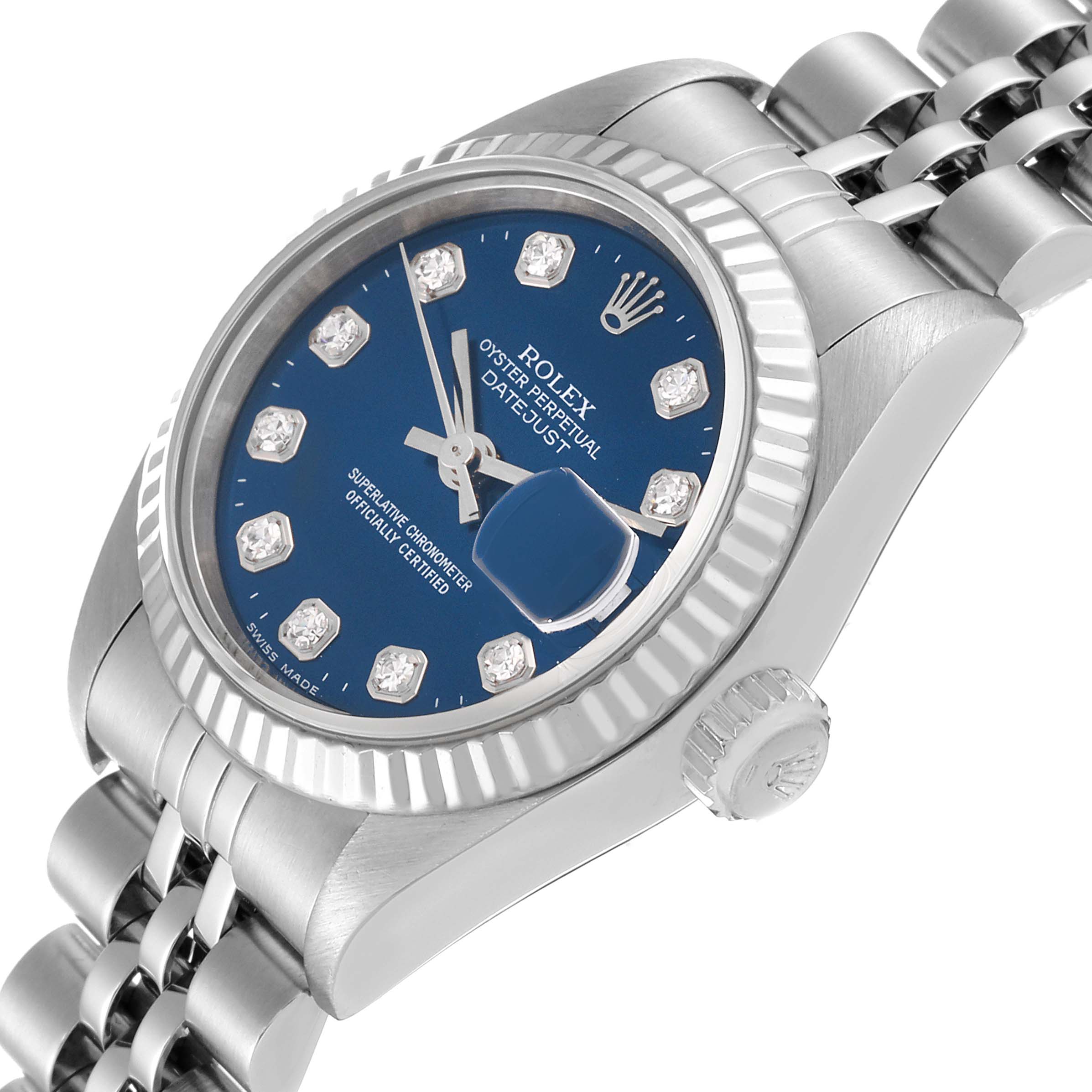The image shows a Rolex Datejust 79174G Women's Stainless Steel Blue Dial 79174G Women's Stainless Steel Blue Dial watch at an angle highlighting its blue dial, diamond hour markers, fluted bezel, and Jubilee bracelet.