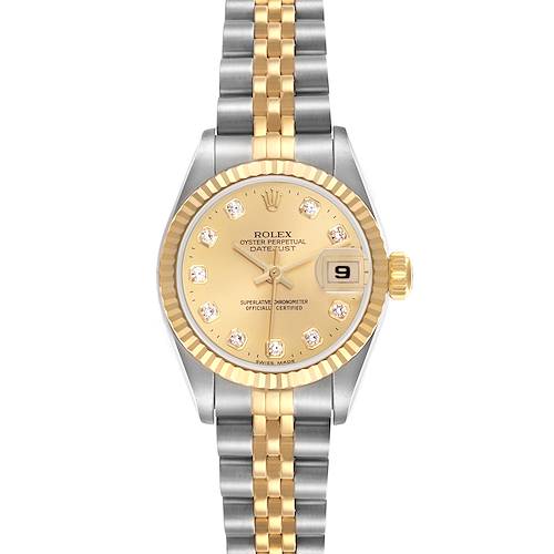 This Rolex Datejust 69173 Women's Steel and Gold (two tone) Champagne Dial 69173 Women's Steel and Gold (two tone) Champagne Dial watch is shown from a frontal angle, highlighting the dial, bezel, crown, and Jubilee bracelet.