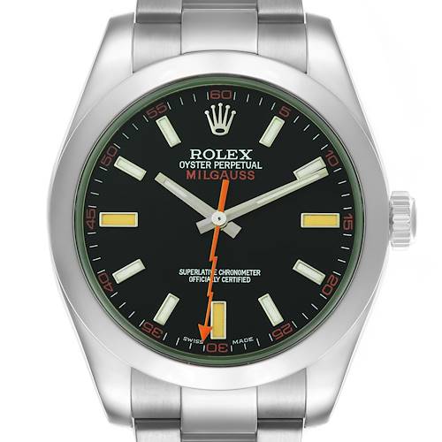 The Rolex Milgauss 116400GV Men's Stainless Steel Black Dial 116400GV Men's Stainless Steel Black Dial watch is shown from a front angle, displaying the full face, bezel, case, and part of the bracelet.