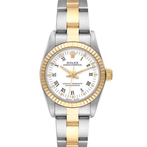 The image shows a Rolex Oyster Perpetual 76193 Women's Steel and Gold (two tone) White Dial 76193 Women's Steel and Gold (two tone) White Dial watch from a front angle, highlighting its gold bezel, white dial, and two-tone bracelet.