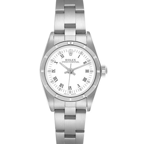 The Rolex Oyster Perpetual 76030 Women's Stainless Steel White Dial 76030 Women's Stainless Steel White Dial watch is shown from a frontal angle, highlighting the dial, case, and bracelet.