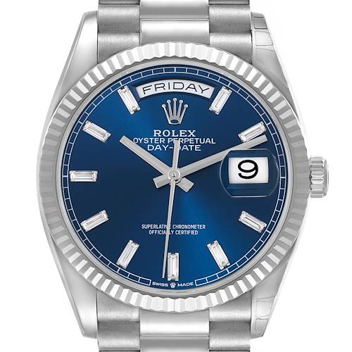 The Rolex President 128239 Men's White Gold Blue Dial 128239 Men's White Gold Blue Dial model watch is shown from the front, displaying its blue dial, day-date feature, and fluted bezel.