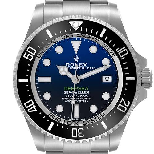 The image shows a front view of the Rolex Sea-Dweller M136660-0005 Men's Stainless Steel Blue Dial M136660-0005 Men's Stainless Steel Blue Dial watch, highlighting the dial, bezel, and part of the bracelet.